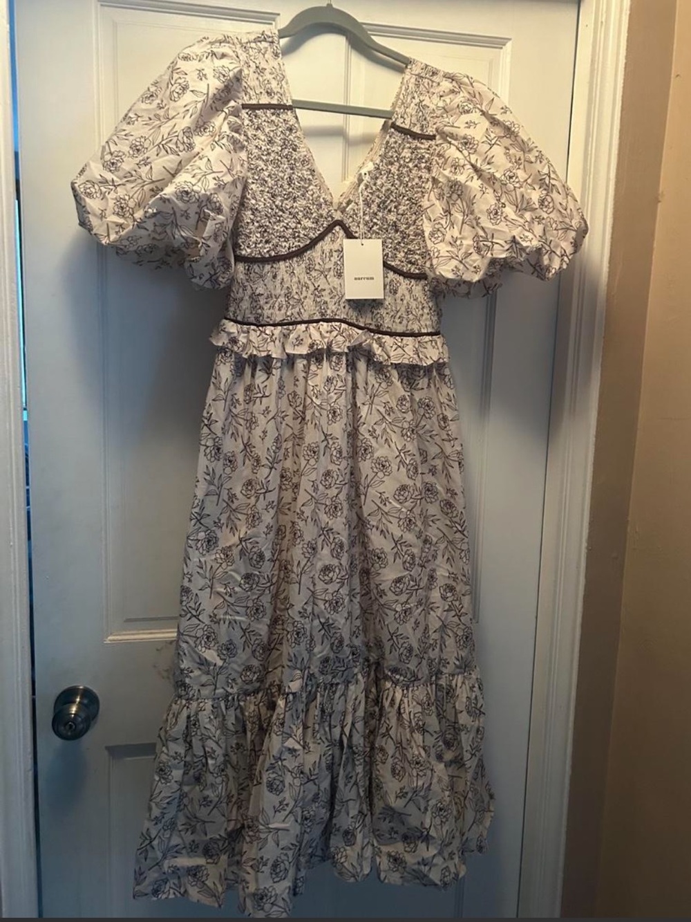 AUREUM Cream Maxi Dress with Brown Floral Print and puff sleeves